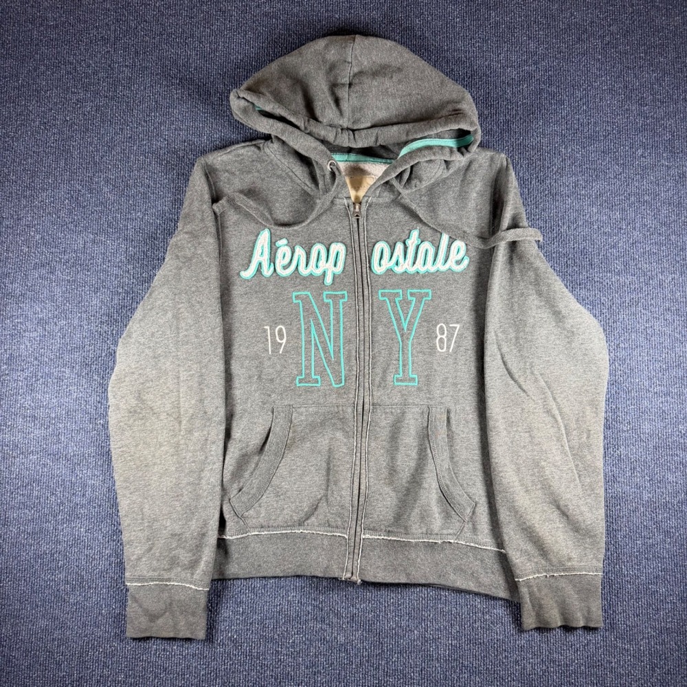 Aeropostale Full Zip Hoodie NY 1987 Gray Teal Logo Mens L